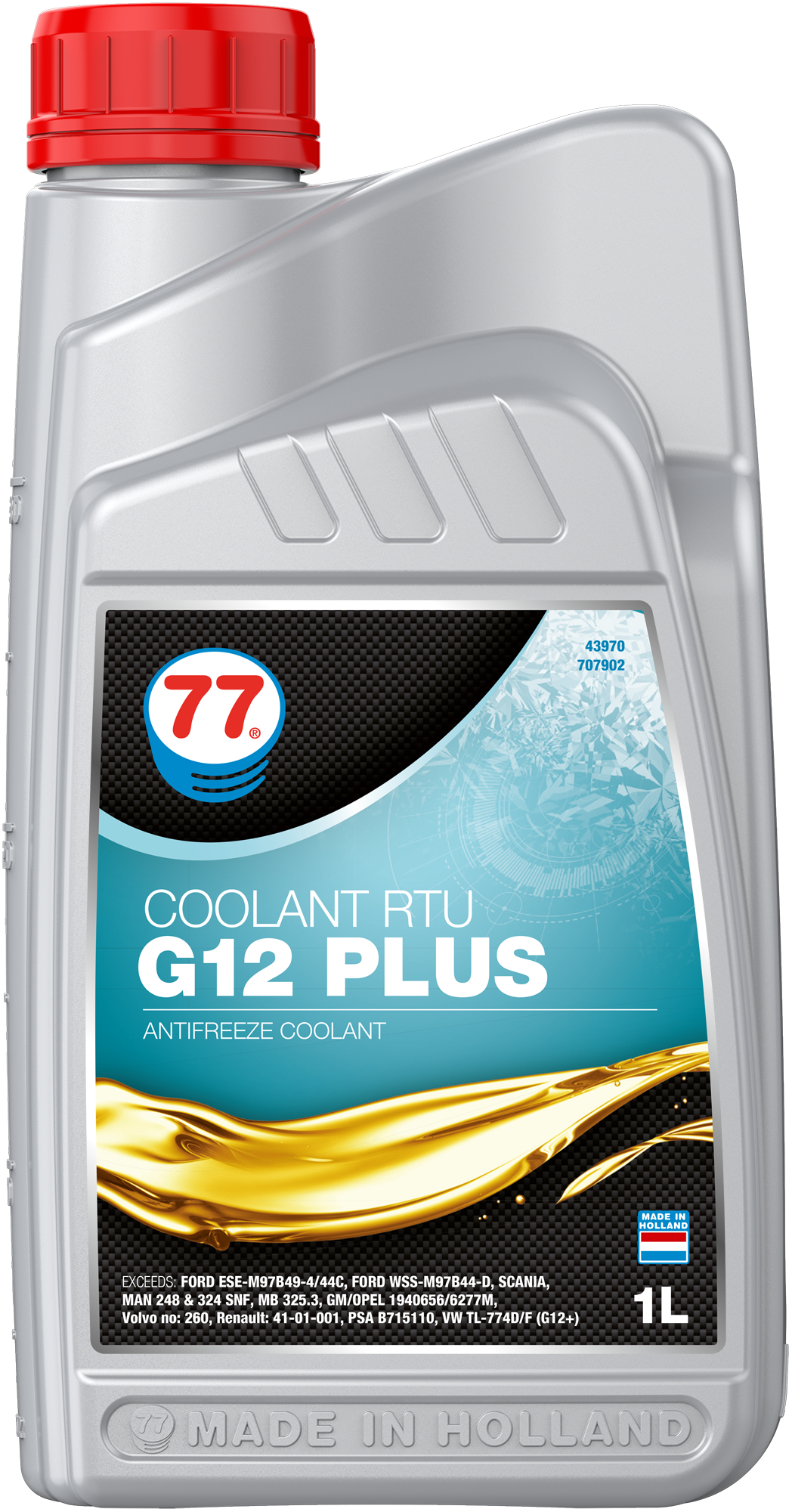 4397-1 Coolant RTU G 12 Plus van 77 lubricants is een Long-Life Ready-To-Use  lange levensduur silicaat-, amine-, nitriet-,borate-  en fosfatenvrije  koelvloeistof  om te worden gebruikt als koel- en warmteoverdrachtsvloeistof in verbrandingsmotoren.
