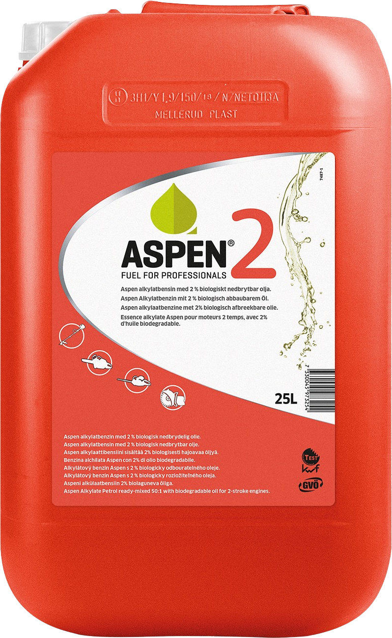 ASPEN2T-25 Aspen 2 is een alkylaatbenzine gemengd met 2% biologisch afbreekbare 2-takt olie, geschikt voor kettingzagen, bosmaaiers, heggenscharen, bladblazers en andere 2-takt motoren.