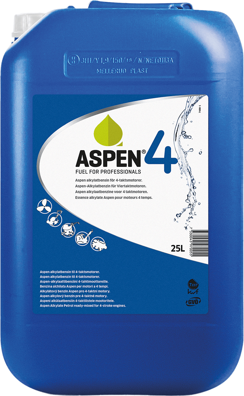 ASPEN4T-25 Aspen 4 is een alkylaatbenzine zonder olie, geschikt voor grasmaaiers, grondfrezen, trilplaten, aggregaten en andere 4-takt motoren.