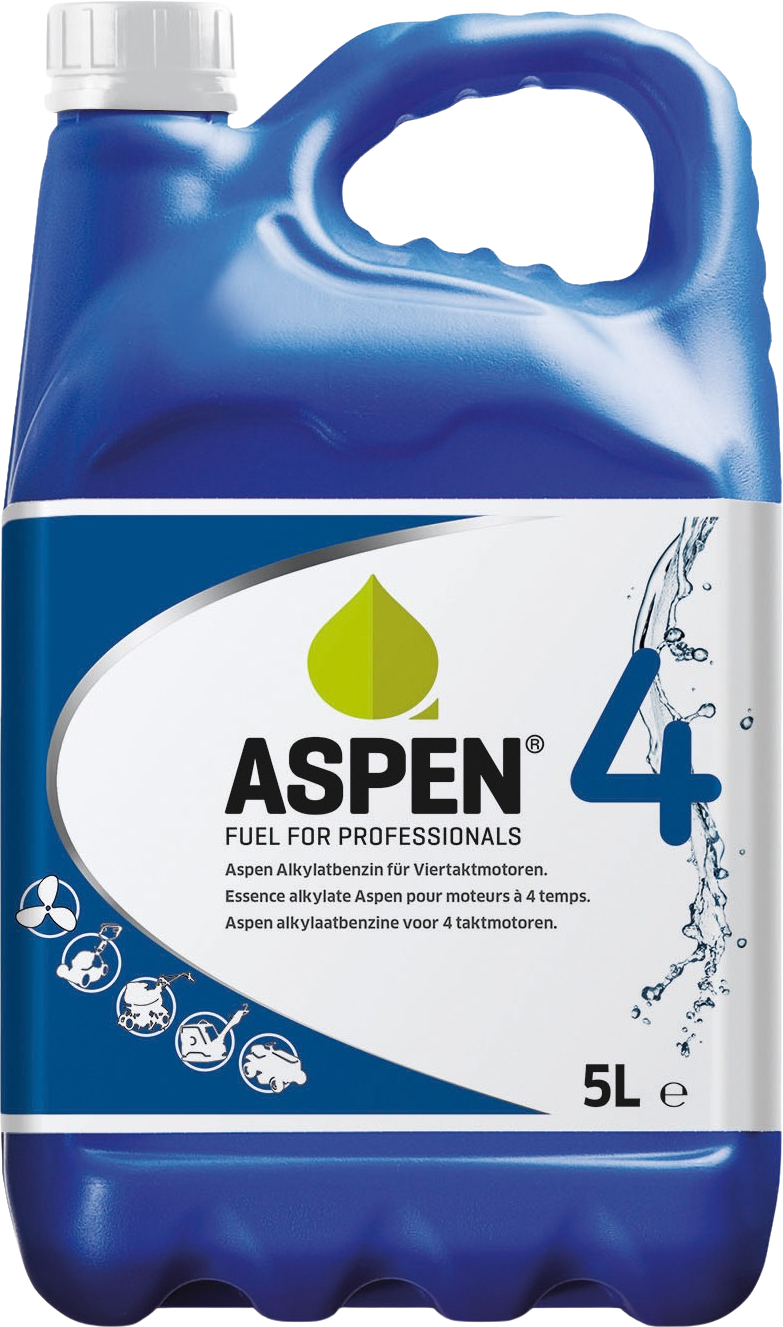 ASPEN4T-5 Aspen 4 is een alkylaatbenzine zonder olie, geschikt voor grasmaaiers, grondfrezen, trilplaten, aggregaten en andere 4-takt motoren.