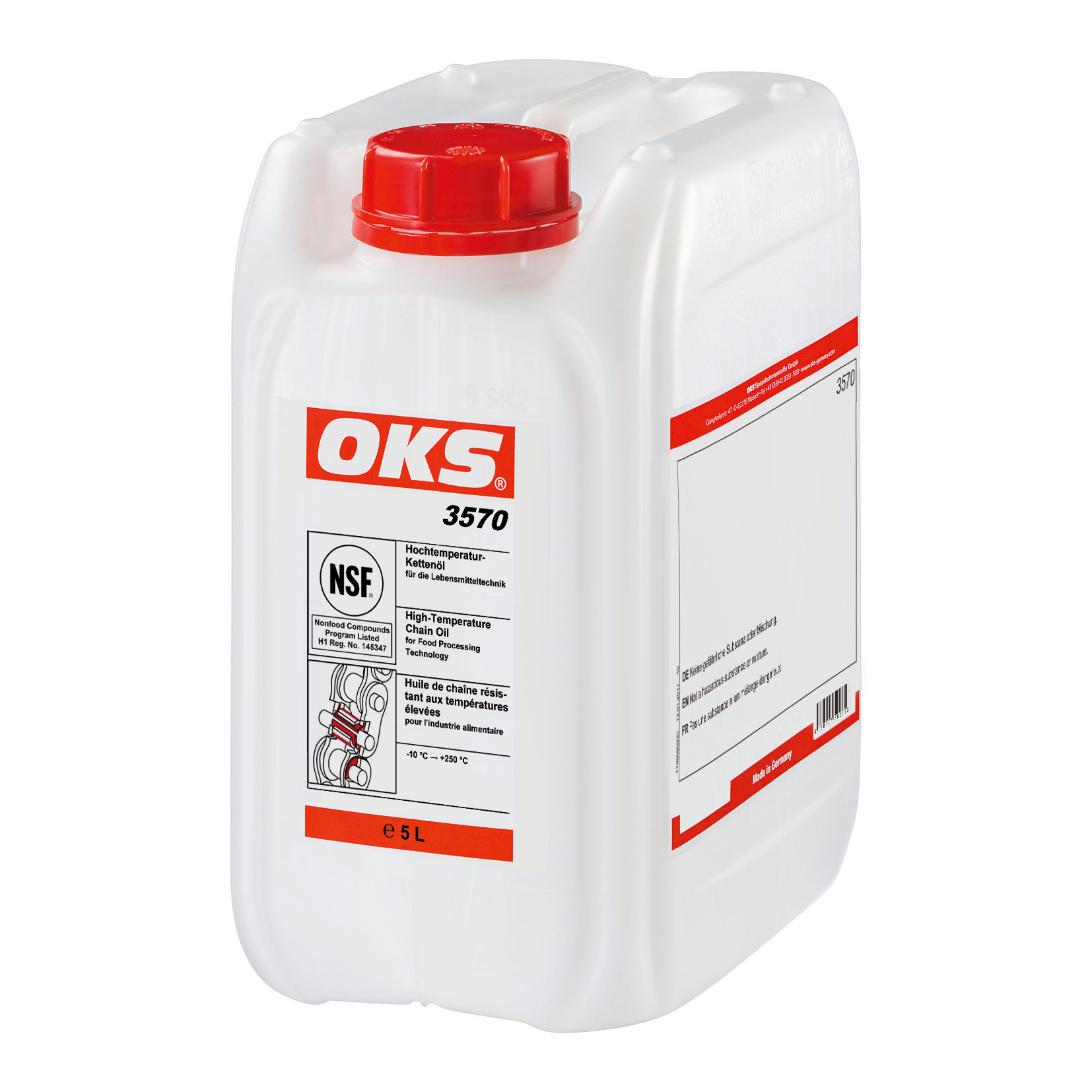 OKS3570-5 OKS 3570 is een NSF H1 is een synthetische, niet vervuilende olie geschikt voor het smeren van kettingen, geleidingen, span- en droogramen of glijvlakken bij temperaturen van -10 °C tot + 250 °C.