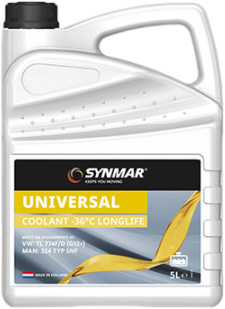 S500004-5 De Synmar Coolant Organic Universal -36 LL is een koelvloeistof op basis van ethyleenglycol, geformuleerd volgens de instructies van de Europese autofabrikanten (OEM's).