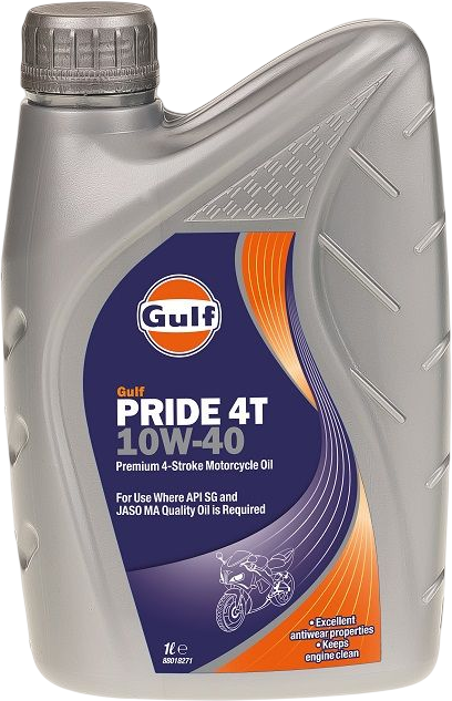 OUT0113-211193-D Gulf Pride 4T is een hoogwaardige 4-takt benzinemotorolie die speciaal is ontwikkeld om te voldoen aan de speciale eisen van luchtgekoelde 4-takt motorfietsen.