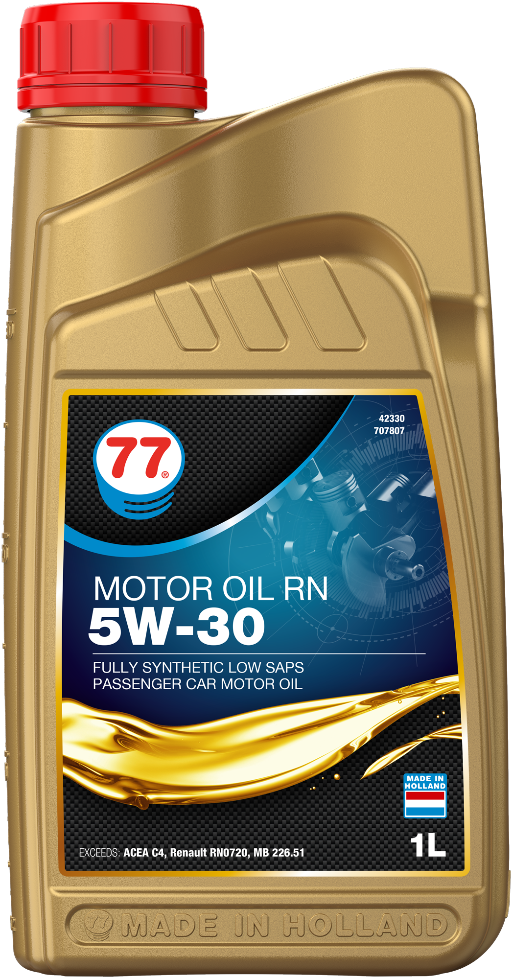 OUT0140-4233-1D2017 Motor Oil RN 5W-30 van 77 lubricants is een high performance brandstofbesparende LOW SAPS-olie op basis van 100% synthetische technologie.