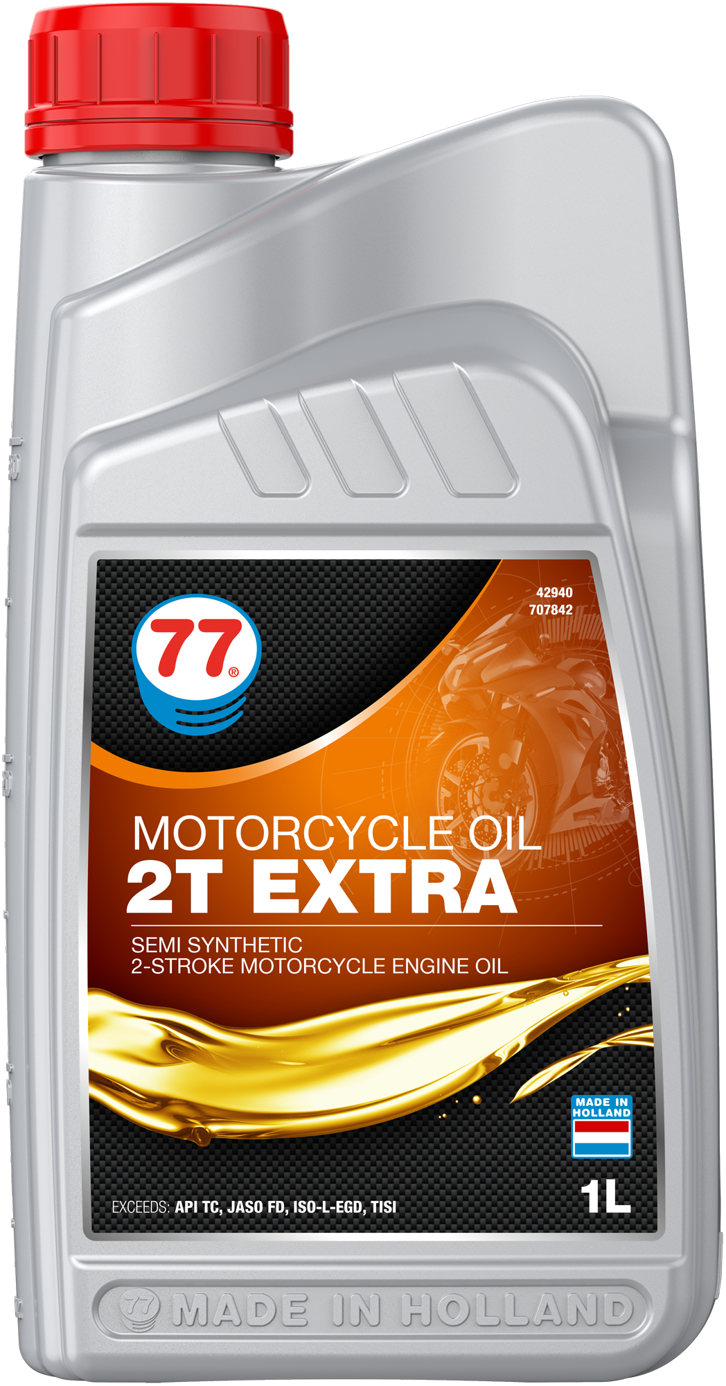4294-1 Motorcylcle Oil 2T Extra is een hoge kwaliteit semi-synthetisch smeermiddel speciaal ontwikkeld voor high powered 2-takt lucht en watergekoelde benzinemotoren uitgerust met olie-injectie of premix systemen.