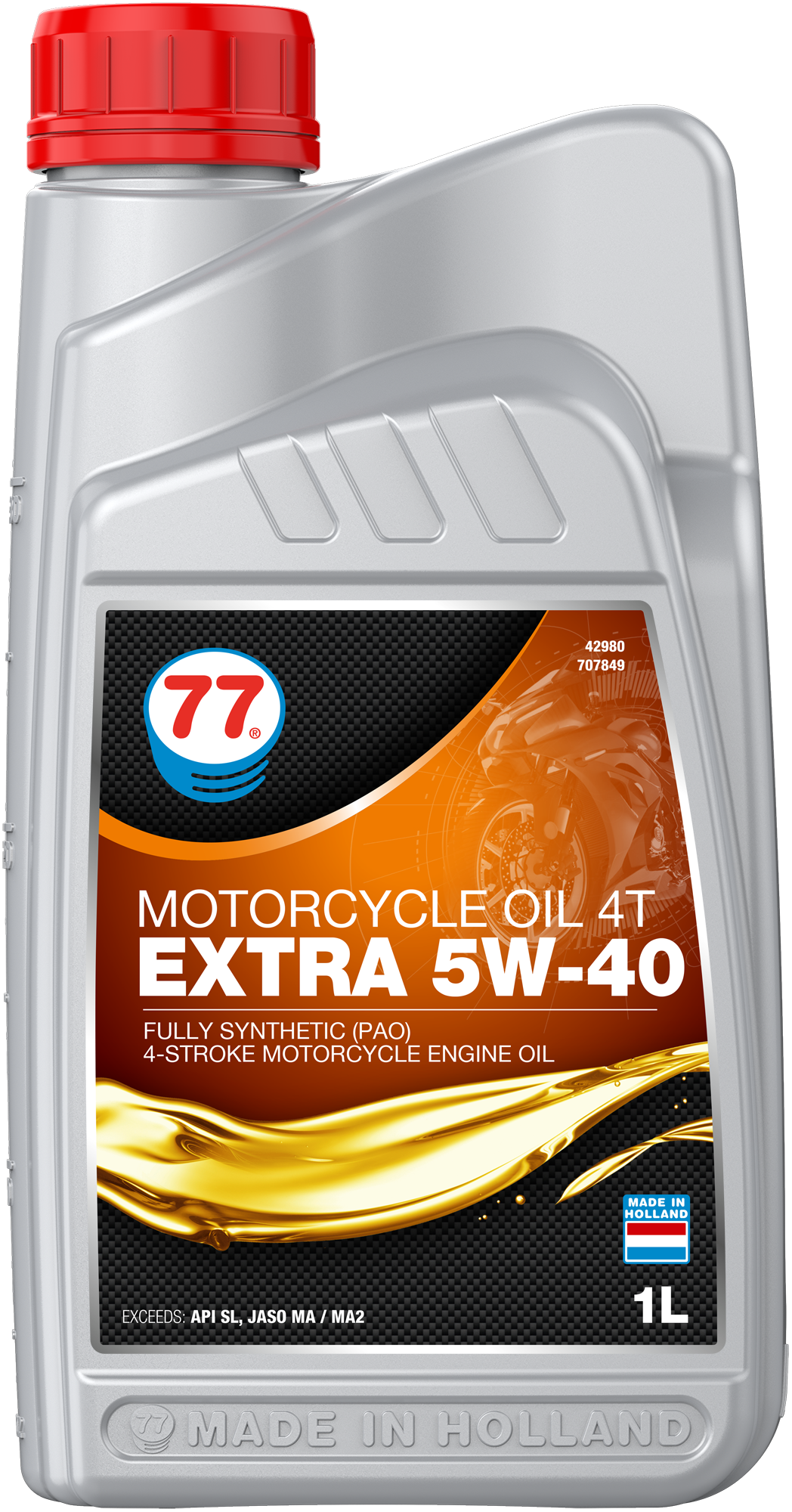 4298-1 Motorcycle Oil 4T Extra 5W-40 is een high performance 4-takt benzinemotor olie speciaal ontwikkeld om te voldoen aan de speciale eisen van de nieuwste high performance luchtgekoelde 4-takt motorfietsen.