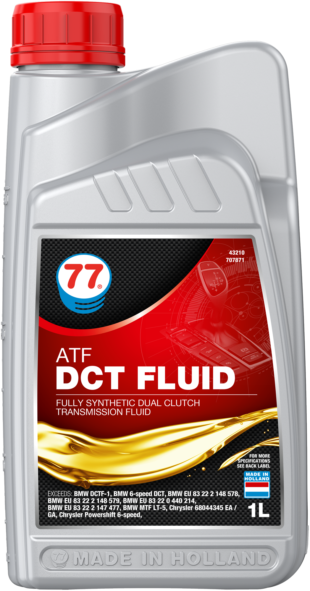 4321-1 ATF DCT Fluid is een high performance full synthetic long life ATF speciaal ontworpen voor gebruik in de laatste generatie natte DCT (Double Coupling Transmission) transmissie van de VAG groep en diverse andere fabrikanten zoals Renault, BMW, Ford en PSA en worden gekenmerkt door snelle en sportieve shifting.