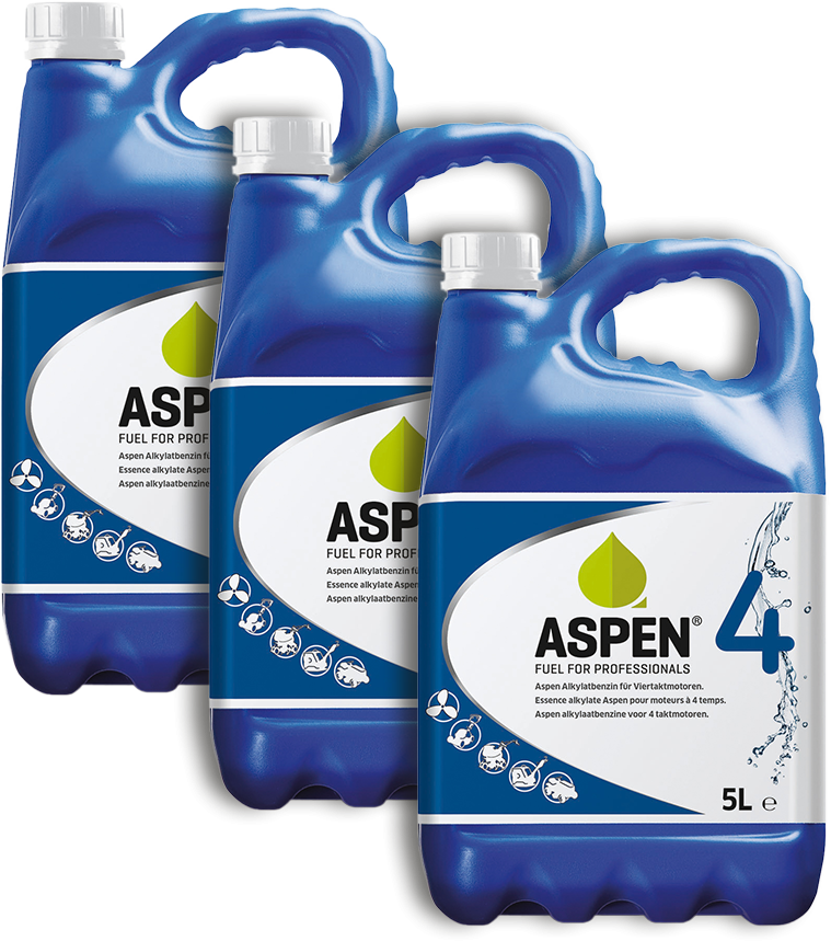 ASPEN4T-15 Aspen 4 is een alkylaatbenzine zonder olie, geschikt voor grasmaaiers, grondfrezen, trilplaten, aggregaten en andere 4-takt motoren.
