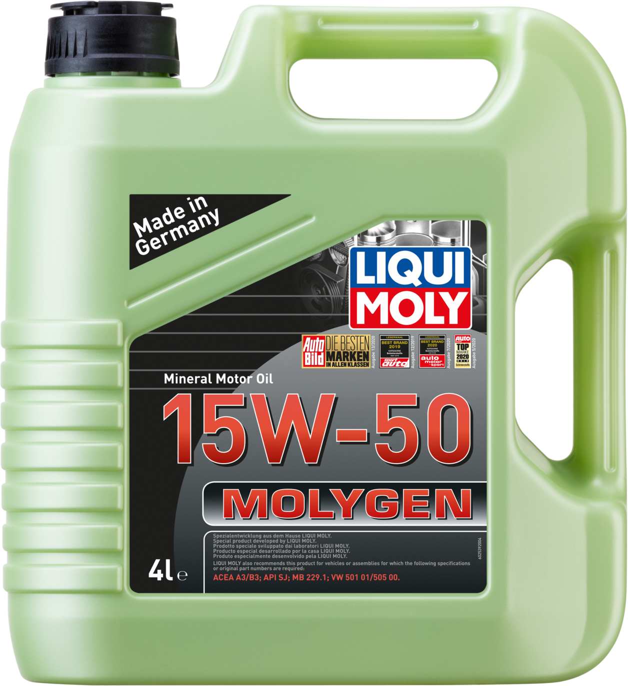 LM2539-4 Liqui Moly Molygen SAE 15W-50 wordt aanbevolen voor benzine- en gasmotoren met inbegrip van motoren met turbocompressoren en katalysatoren.