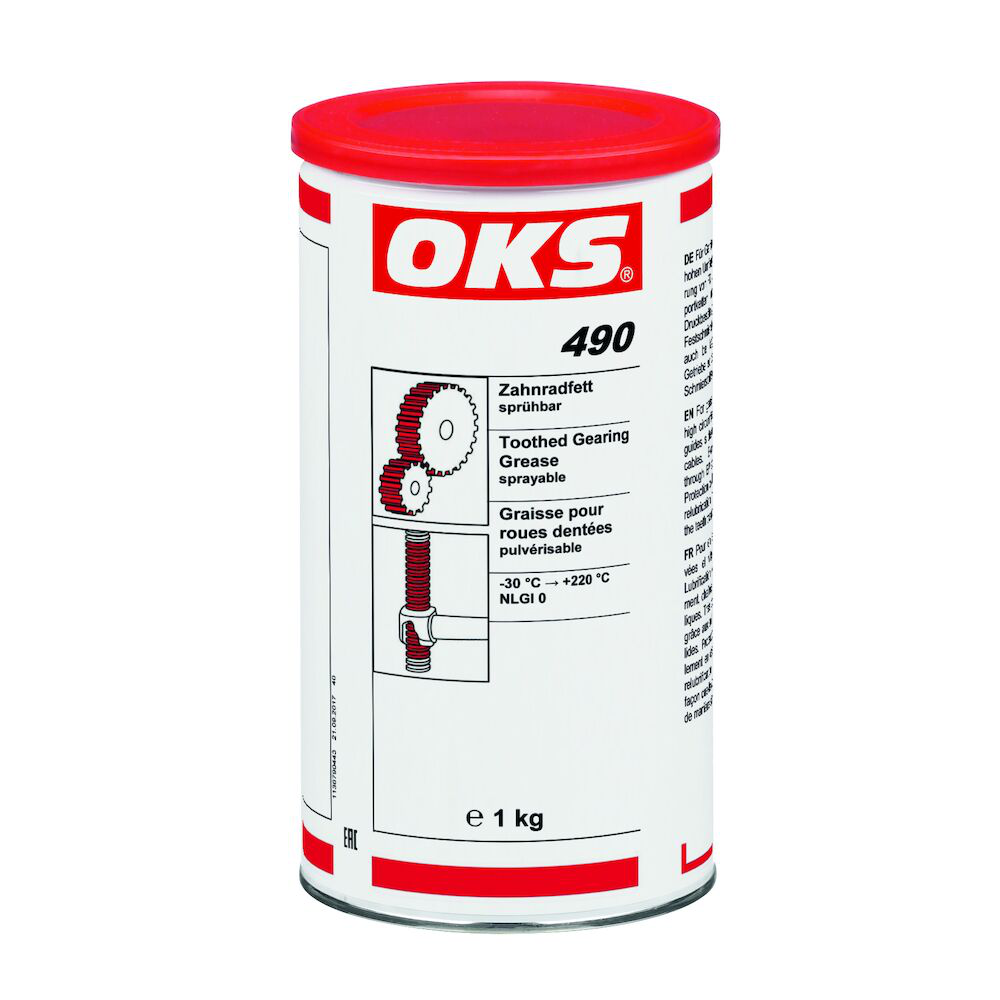 OKS0490-1 OKS 490 is een verspuitbaar tandwielvet en is zeer geschikt voor bedrijfszekerheidverhogend onderhoud van grote open tandwielaandrijvingen, ook bij hoge omloopsnelheden.