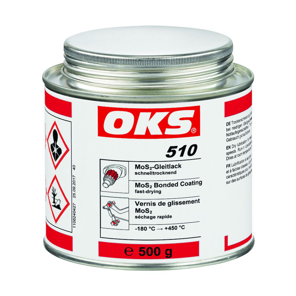 OKS0510-500GR Luchtdrogende glijlak op MoS₂-basis voor droge smering van machinedelen bij kortstondig gebruik en lange stilstandtijden.