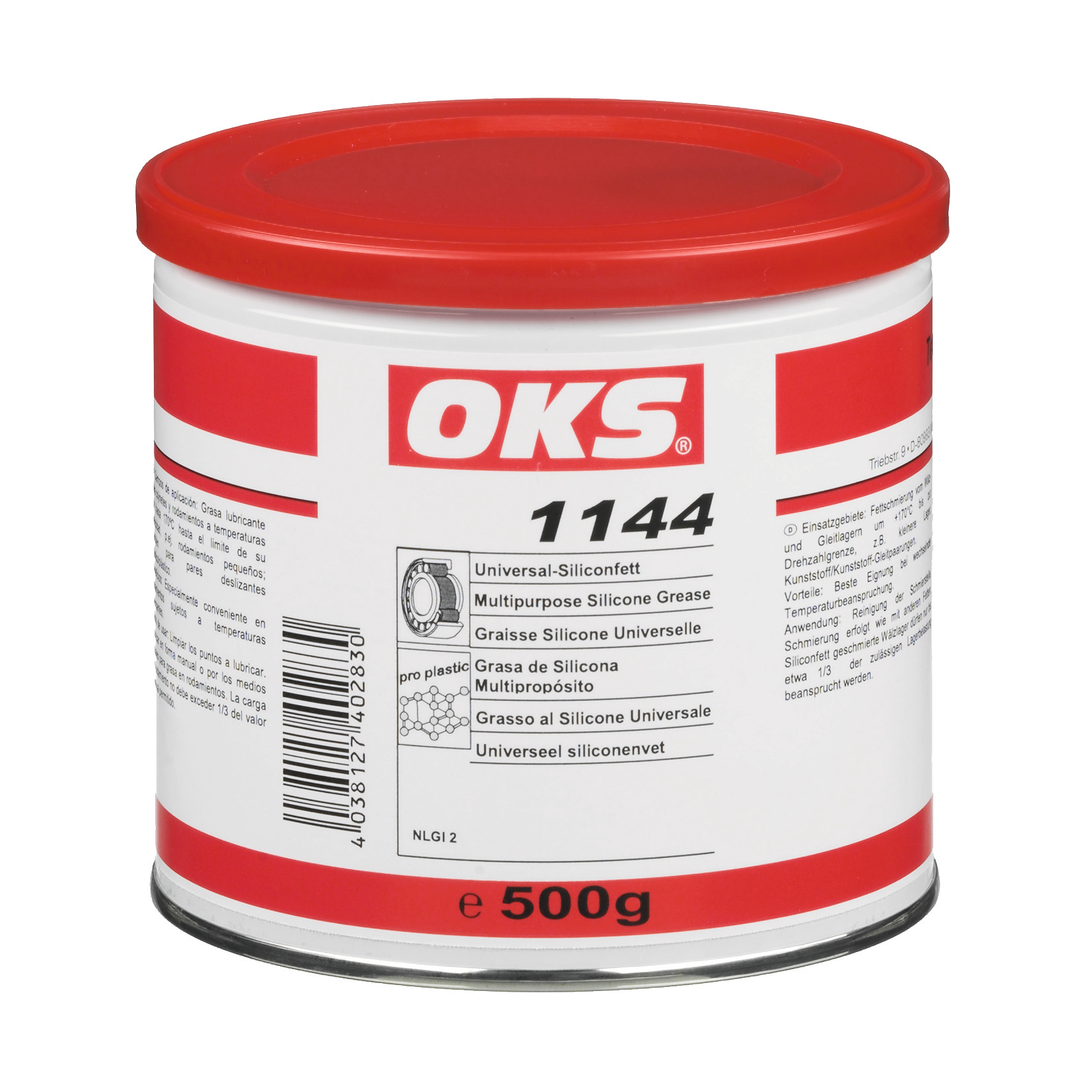OKS1144-500GR OKS 1144 is een universeel siliconenvet voor lagers bij wisselende temperatuurbelasting en middelhoge snelheden.