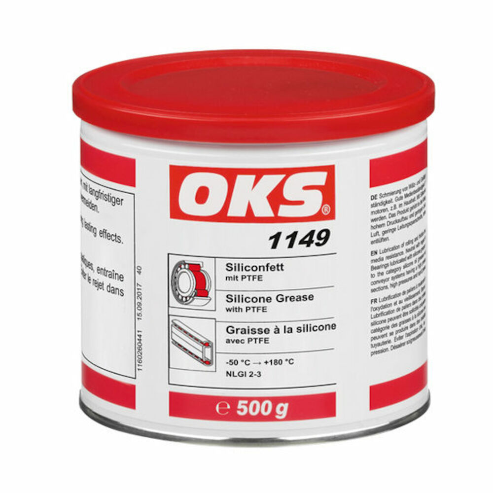 OKS1149-500GR OKS 1149 is een siliconenvet met PTFE voor permanente smering van kunststof-/kunststof-, kunststof-/metaal- en elastomeer-/metaal-combinaties onder geringe tot gemiddelde lagerbelastingen en snelheden.