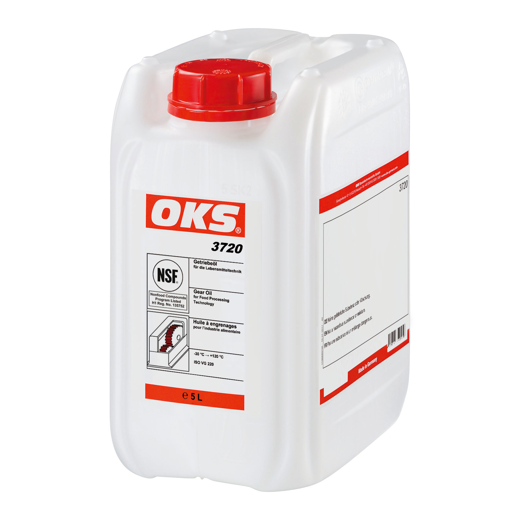 OKS3720-5 Volledig synthetische olie van ISO VG-klasse 220 voor smering van tandwieloverbrengingen en andere machinedelen in de levensmiddelentechniek.